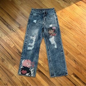 Distressed Denim Jeans with Graphic Art